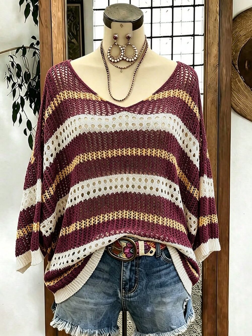 Burgundy Casual Women's Round-Neck Knit Top